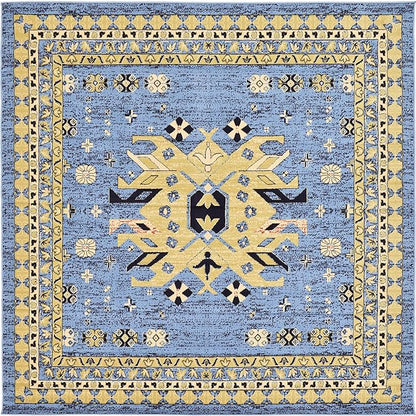 Unique Loom Taftan Collection Border Geometric Tribal Inspired Design Area Rug, 8 ft, Light Blue/Gold