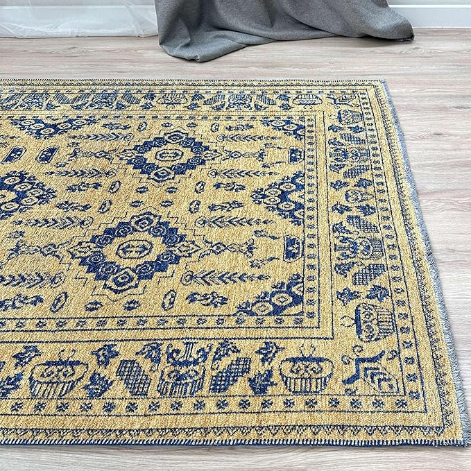 Alfa Rich 5x8 Gold Navy Blue Washable Area Rugs for Living Room Bedroom Kitchen Dining Cotton Rug