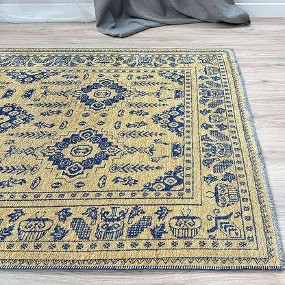 Alfa Rich 5x8 Gold Navy Blue Washable Area Rugs for Living Room Bedroom Kitchen Dining Cotton Rug
