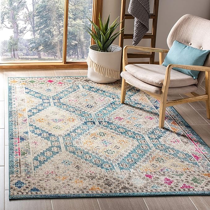 SAFAVIEH Madison Collection Accent Rug - 4' x 6', Dark Blue & Yellow, Boho Distressed Design, Non-Shedding & Easy Care, Ideal for High Traffic Areas in Entryway, Living Room, Bedroom (MAD418N)