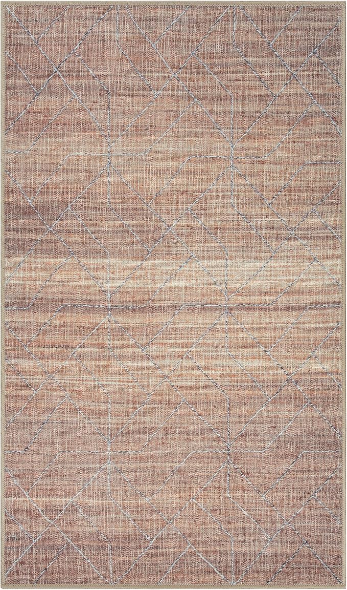 GLN Rugs Contemporary Collection - Machine Washable Area Rug, Contemporary Washable, Non Slip, Low Pile Chenille Rug, Living Room, Bedroom, Kitchen Rug (2' x 3' Terra/Brown)