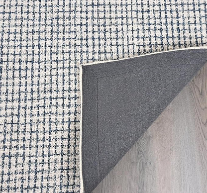 Hand-Tufted 100% Wool Pile Area Rug – Geometric Textured Grid Check Pattern – Thick and Durable Floor Carpet for Bedroom, Living Room, Kids Room, and Dining Area (Ivory, Denim, 1' x 1')