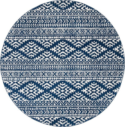 SAFAVIEH Tulum Collection Area Rug - 8' Round, Navy & Ivory, Moroccan Boho Tribal Design, Non-Shedding & Easy to Clean, Ideal for Living Room, Bedroom, Dining Space (TUL272N)