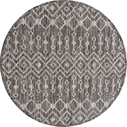 Unique Loom Outdoor Trellis Collection Area Rug - Tribal Trellis (3' 3" Round, Charcoal Gray/ Natural)