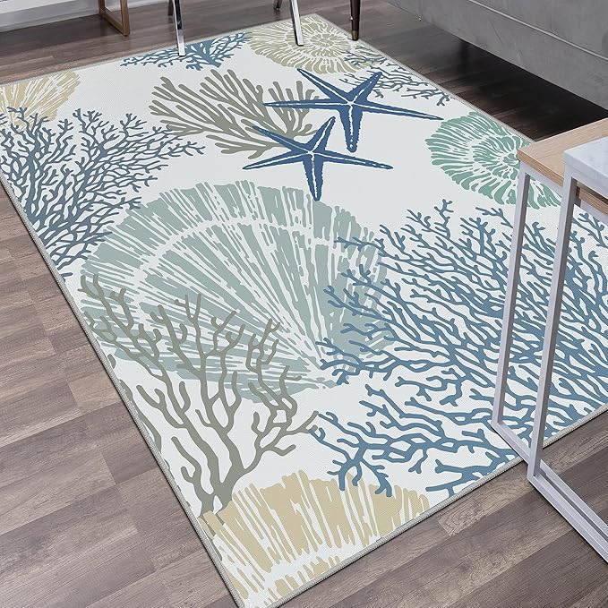 Tritard Coastal Area Rugs Nautical Beach Themed Non-Slip Machine Washable Rugs Modern Floor Carpet for Living Room Bedroom, 4x6, Blue