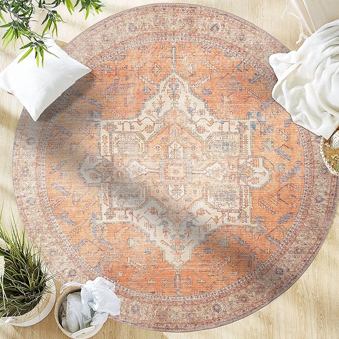 GLN Rugs Traditional Collection - Machine Washable Area Rug, Traditional Washable, Non Slip, Low Pile Chenille Rug, Living Room, Bedroom, Kitchen Rug (5'3" Round Terra/Multicolor)