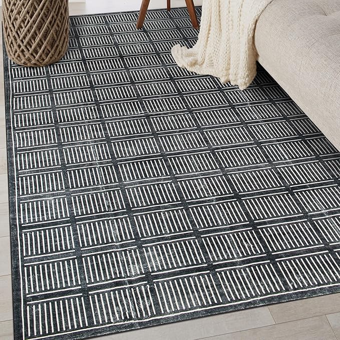 Rugshop Bohemian Stripe Lines Washable Non Slip Area Rug 3' x 5' Black