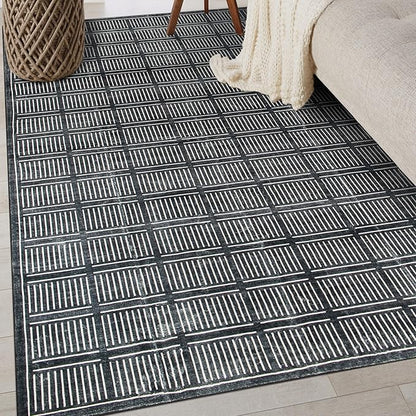 Rugshop Bohemian Stripe Lines Washable Non Slip Area Rug 3' x 5' Black