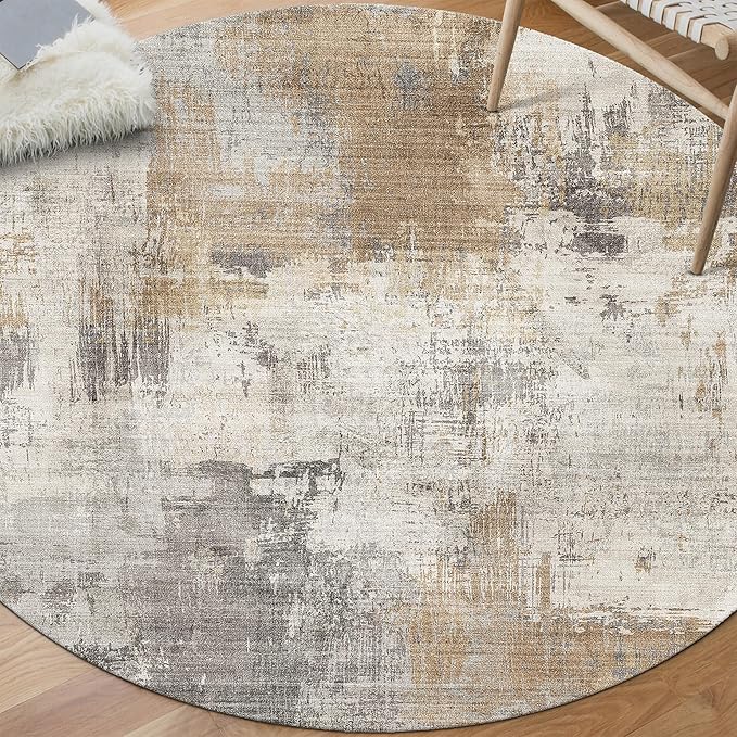 ReaLife Rugs Machine Washable Area Rug - Living Room Bedroom Bathroom Kitchen Entryway Office - Padded Low Pile Stain Resistant Premium - Modern Abstract Contemporary - Quinn - Beige 6' Round