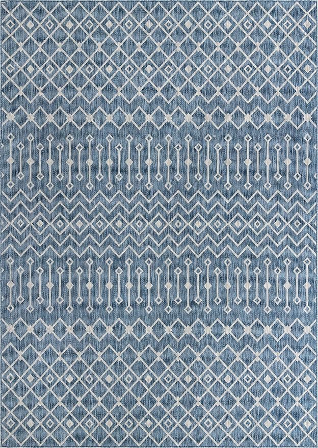 Unique Loom Outdoor Trellis Collection Area Rug - Tribal Trellis (10' x 14' 1" Rectangle, Blue/ Ivory)