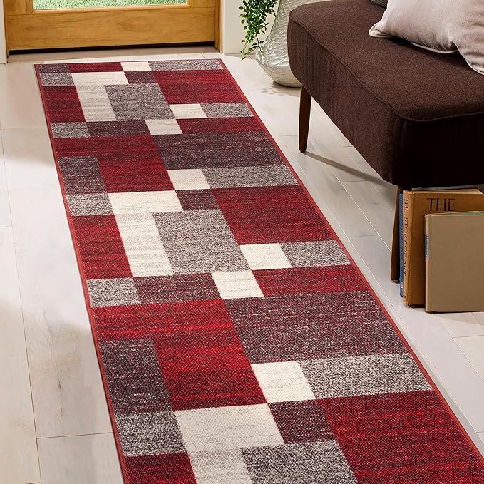 Rugshop Red Modern Geometric Boxes Non-Slip Area Rug Non-Shedding for Hallway, Entryway and Kitchen, 2' x 7'2" (22" X 84")