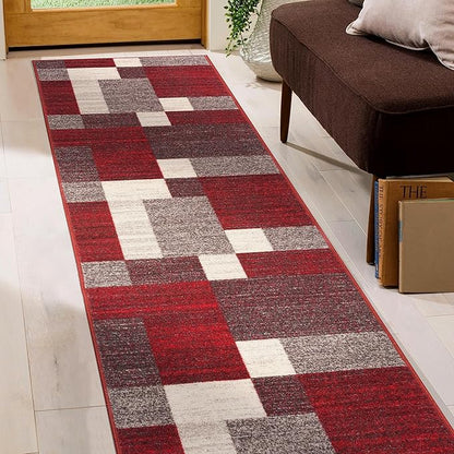 Rugshop Red Modern Geometric Boxes Non-Slip Area Rug Non-Shedding for Hallway, Entryway and Kitchen, 2' x 7'2" (22" X 84")