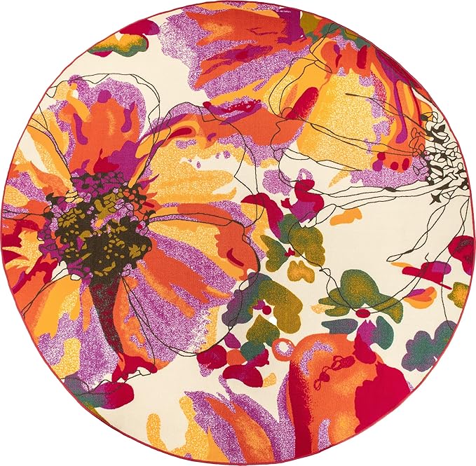 Rugshop Multi Bright Flowers Non Slip Non-Shedding Round Area Rug for Living Room, Dining Room and Bedroom, 8'