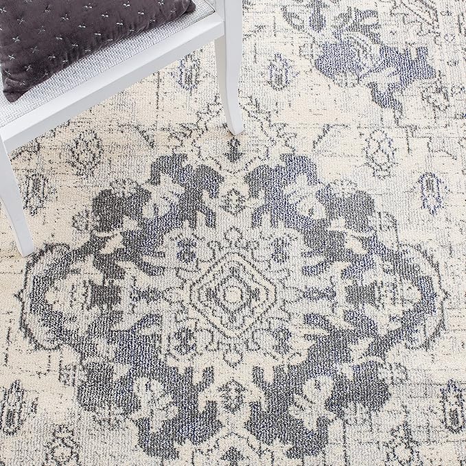 SAFAVIEH Monaco Collection Area Rug - 5'1" x 7'7", Ivory & Grey, Boho Chic Medallion Distressed Design, Non-Shedding & Easy Care, Ideal for High Traffic Areas in Living Room, Bedroom (MNC243B)