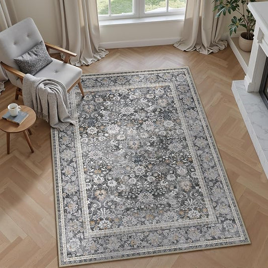 HUGEAR 4x6 Machine Washable Rugs Black Grey Hallway Area Rug Indoor Accent Rug Floral Low Pile Carpet Soft Throw Rug Bedroom Living Room Office Dining Room Kitchen Laundry Room Non Slip
