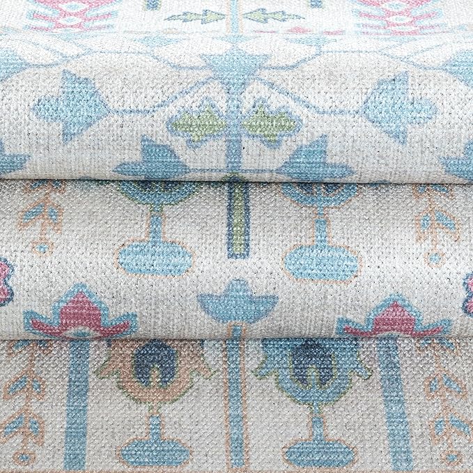 Fame Living Cream Blue Oushak Rug, Modern, Vintage, Turkish, Eclectic, Floral, Pastel, Washable, Extra Large Area Rugs for Living Room, Dining, Bedroom, Lounge, 9'x12'