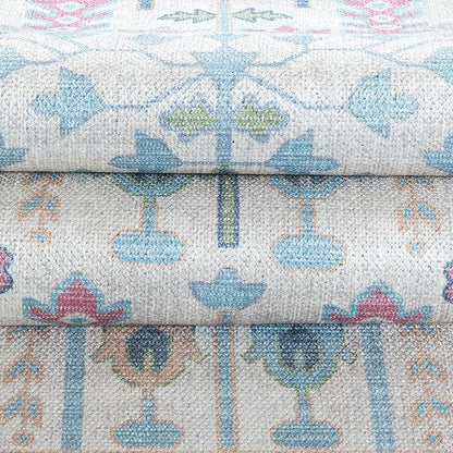 Fame Living Cream Blue Oushak Rug, Modern, Vintage, Turkish, Eclectic, Floral, Pastel, Washable, Area Rugs for Living Room, Dining, Bedroom, Nursery, Girls, Boys, 5'9"x8'9"