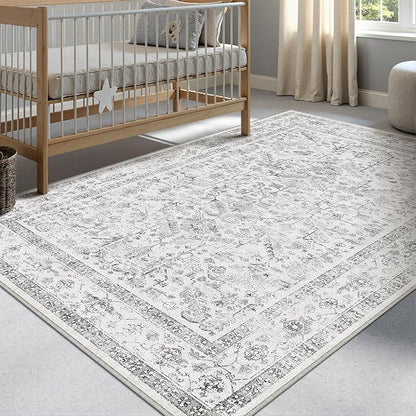 Grey 3x4 Entryway Rug Vintage Area Carpet Indoor Kitchen Washable Neutral Door Mat Entrance Small Low Pile Traditional Distressed Gray Retro Accent Throw Rug Non Slip Office Bathroom