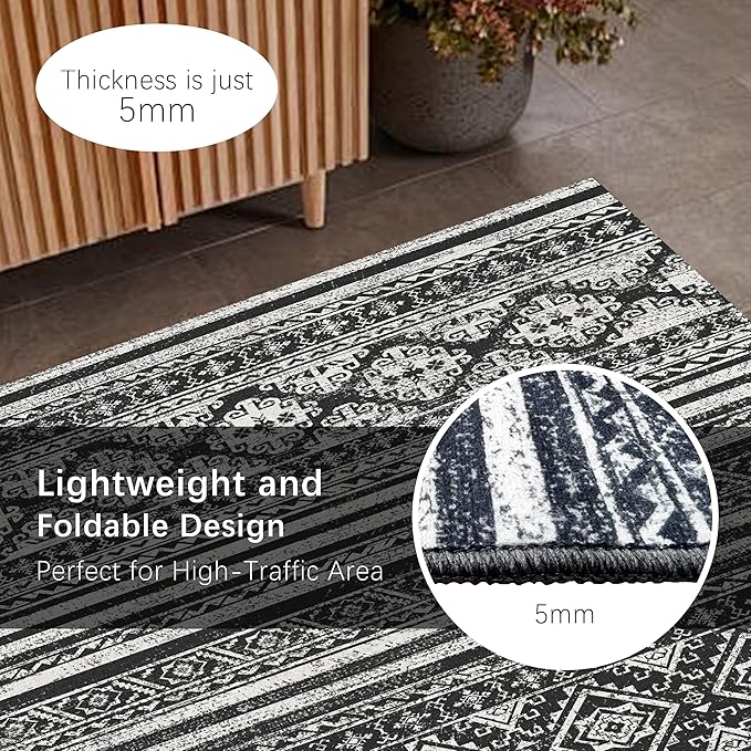 RUGSURE Washable Area Rugs 8' x 10' - 1/6 Thick - Moroccan-Inspired -Stain & Water Resistant Non-Slip - Resistant Rug for Living Room, Bedroom, Nursery, Pet & Child Friendly (Black)