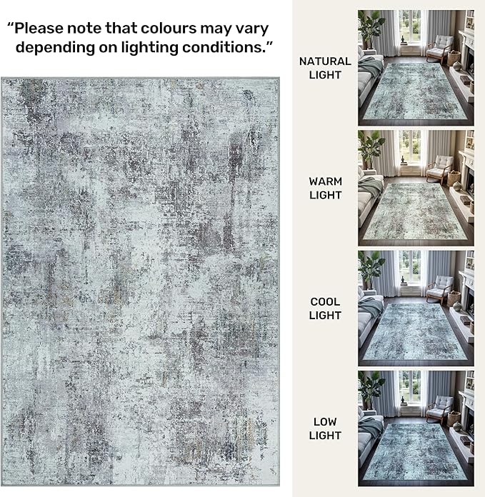 GLN Rugs Contemporary Collection - Machine Washable Area Rug, Contemporary Washable, Non Slip, Low Pile Chenille Rug, Living Room, Bedroom, Kitchen Rug (8' x 10' Grey/Green)