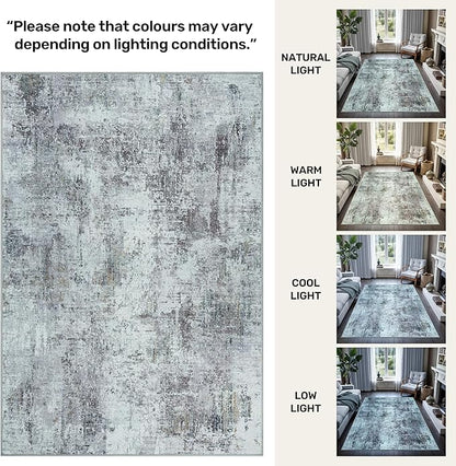 GLN Rugs Contemporary Collection - Machine Washable Area Rug, Contemporary Washable, Non Slip, Low Pile Chenille Rug, Living Room, Bedroom, Kitchen Rug (2'6" x 7' Grey/Green)