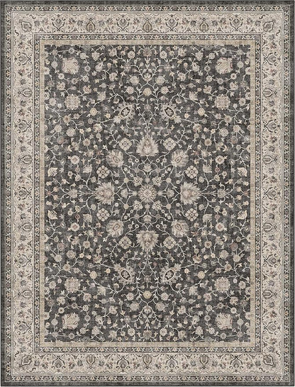 Well Woven Asha Rome Black 7'7" x 9'10" Area Rug - Oriental Floral Pattern, Easy Clean, Floor-Friendly Backing - for Living Room, Bedroom, and Dining Room