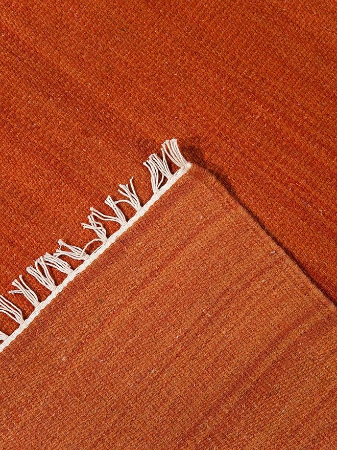 Rugsotic Carpets Hand Woven Flat Weave Kilim Wool ECO-Friendly Area Rugs - 9'x12', Rectangle Shape, Dark Orange Color, Solid Plain Design, Low Pile Handmade Rugs for Living Room (D00111)