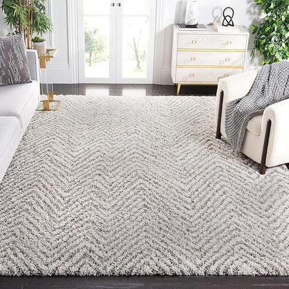 SAFAVIEH Area Rug 8x10 - Hudson Shag Collection - Large - Ivory & Grey, Chevron Pattern, Non-Shedding & Easy Cleaning, Ultra Plush Thick Pile, Ideal for Living Room, Bedroom, Dining Space (SGH375A)