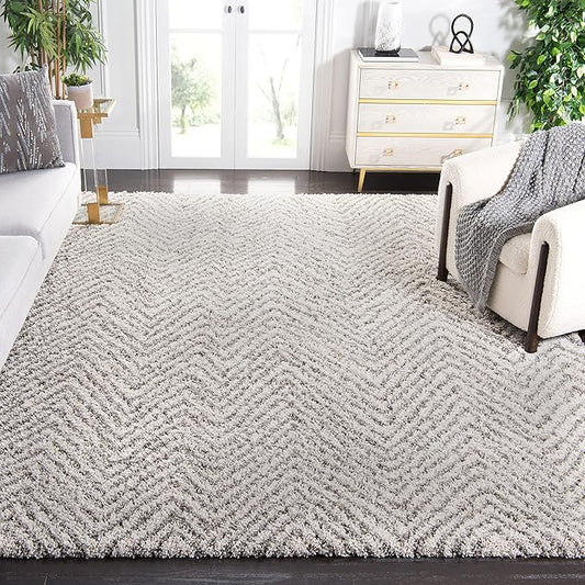 SAFAVIEH Area Rug 8x10 - Hudson Shag Collection - Large - Ivory & Grey, Chevron Pattern, Non-Shedding & Easy Cleaning, Ultra Plush Thick Pile, Ideal for Living Room, Bedroom, Dining Space (SGH375A)
