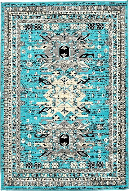 Unique Loom Taftan Collection Border Geometric Tribal Inspired Design Area Rug (4' 0 x 6' 0 Rectangular, Turquoise/ Gray)