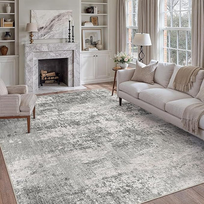 8x10 Grey Area Rug Washable Modern Abstract Living Room Carpet Non Slip Neutral Low Pile Soft Contemporary Gray Bedroom Large Rug Indoor Office Dining Room Playroom