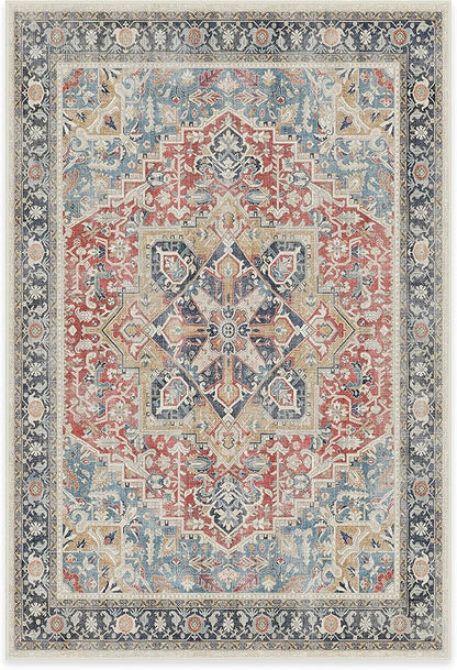 RUGGABLE Washable Vintage Area Rug – Kamran Cayenne Red 6x9, Stain-Resistant, Non-Slip – Medium Machine Washable Rugs for Living Room, Bedroom, Hallway, Entryway & Office–with Standard Pad