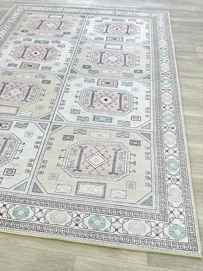 Fame Living Faded Oushak Rug, Turkish Vintage Floral Pastel Large Oversized Area Rugs for Living Room Dining Bedroom Kitchen Bathroom Nursery (848CrNv, 2' x 3')