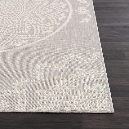 CAMILSON Outdoor Rug 6x9 Modern Area Rugs for Indoor and Outdoor Patios and Porches - Waterproof, Washable, Non-Shedding, Easy-to-Clean Outside Carpet (6 x 9, Medallion - Grey/White)