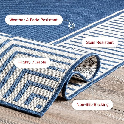Nuloom Asha Navy/Ivory, 9'6" x 12', Casual, Striped Border, Soft and Cozy, High Traffic, Stain Resistant, Easy Clean, Durable Area Rug for Indoor/Outdoor Patio, Deck, Porch, Garden, Courtyard