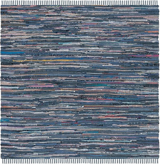 SAFAVIEH Rag Rug Collection Area Rug - 6' Square, Ink & Multi, Handmade Boho Stripe Cotton, Ideal for High Traffic Areas in Living Room, Bedroom (RAR121C)