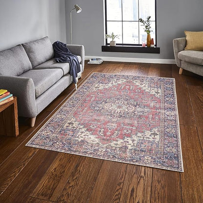 GLN Rugs Traditional Collection - Machine Washable Area Rug, Traditional Washable, Non Slip, Low Pile Chenille Rug, Living Room, Bedroom, Kitchen Rug (5' x 7' Multi Blue)