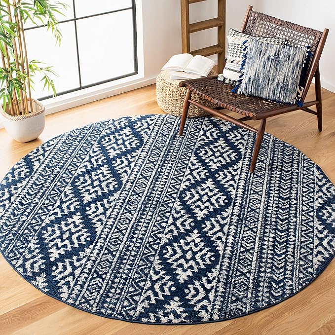 SAFAVIEH Tulum Collection Area Rug - 9' Round, Navy & Ivory, Moroccan Boho Tribal Design, Non-Shedding & Easy to Clean, Ideal for Living Room, Bedroom, Dining Space (TUL272N)