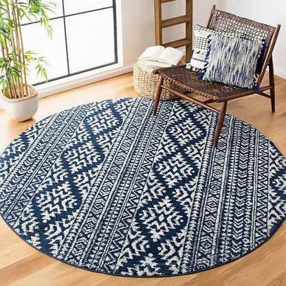 SAFAVIEH Tulum Collection Area Rug - 3' Round, Navy & Ivory, Moroccan Boho Tribal Design, Non-Shedding & Easy to Clean, Ideal for Entryway, Foyer, Accent Space, Bedroom (TUL272N)