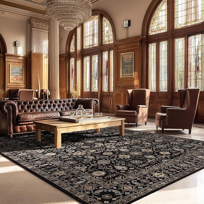 Area Rug Non Slip Machine Washable Ultra Soft Living Room/Bedroom/Kitchen/Outdoor/Classroom Black Gold, 9'×12'