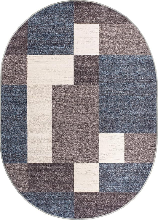 Rugshop Modern Boxes Design Non-Slip (Non-Skid) Carpet Oval Area Rug for Entryway,Kitchen,Living Room 5' x 7' Blue