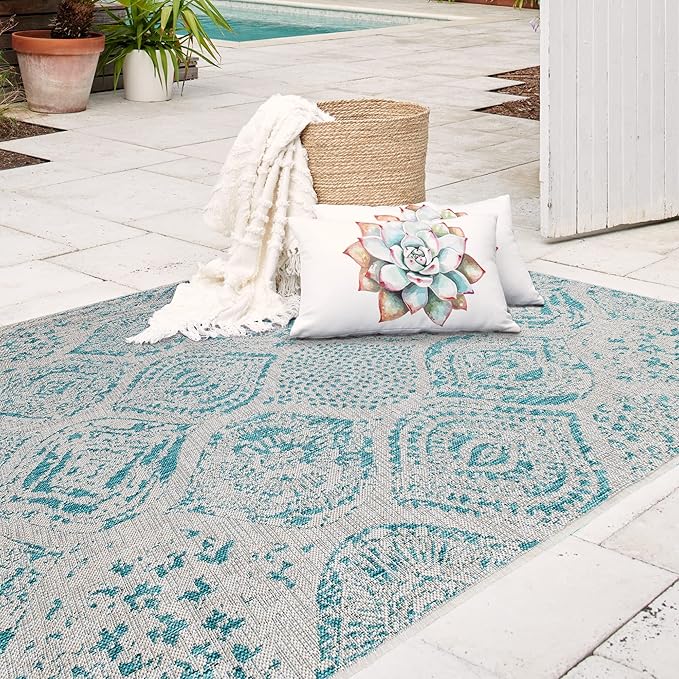 FH Home Flat Woven Outdoor Rug - Waterproof, Easy to Clean, Stain resistant - Premium Polypropylene Yarn - Distressed Farmhouse - Porch, Deck,Balcony,Laundry Room - Granada - Aqua - 2ft 7in x 4ft 11in