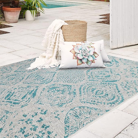 FH Home Flat Woven Outdoor Rug - Waterproof, Easy to Clean, Stain resistant - Premium Polypropylene Yarn - Distressed Farmhouse - Porch, Deck,Balcony,Laundry Room - Granada - Aqua - 2ft 7in x 4ft 11in