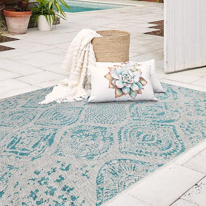 FH Home Outdoor Rug - Waterproof Easy to Clean Stain Resistant - Patio Indoor Outdoor Porch Deck Balcony Entryway - Distressed Farmhouse - Granada - Aqua - 6' x 9'