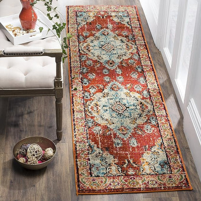 SAFAVIEH Monaco Collection Runner Rug - 2'2" x 14', Orange & Light Blue, Boho Chic Medallion Distressed Design, Non-Shedding & Easy Care, Ideal for High Traffic Areas in Living Room, Bedroom (MNC243H)