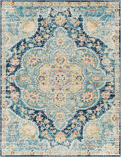 Livabliss Area Rugs - 8x10 Romaine Vintage Boho Navy Sky Blue Rose Area Rug for Living Room Bedroom - Floral Medallion Stain Resistant Carpet for Kitchen, Nursery, Office (7'10" x 10'3")