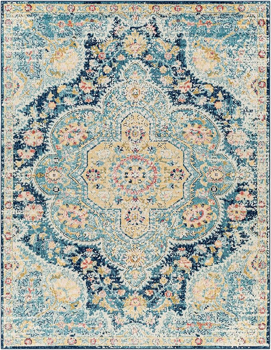 Livabliss Area Rugs - 8x10 Romaine Vintage Boho Navy Sky Blue Rose Area Rug for Living Room Bedroom - Floral Medallion Stain Resistant Carpet for Kitchen, Nursery, Office (7'10" x 10'3")