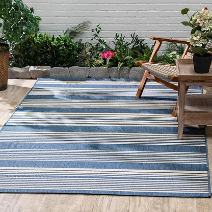 FH Home Outdoor Rug - Waterproof Easy to Clean Stain Resistant - Patio Indoor Outdoor Porch Deck Balcony Entryway - Striped Coastal - Newport - Blue - 5ft 2in x 7ft 6in