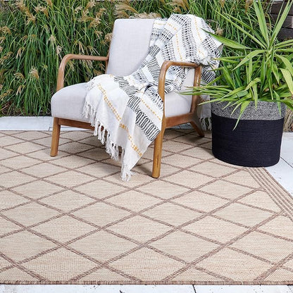FH Home Flat Woven Outdoor Rug - Waterproof, Easy to Clean, Stain Resistant - Premium Polypropylene Yarn - Moroccan Geo Lattice - Patio,Deck,Porch,Balcony,Laundry - Tunis - Sand - 3ft 11 in x 5ft 6in