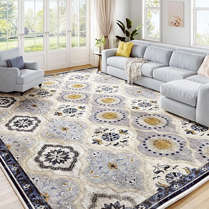 EnHomee 8x10 Area Rug, Soft Washable Rugs for Living Room Bedroom, Boho Non Slip Low Pile Stain Resistant Washable Rug Large Area Rugs for Dining Room,Easy to Clean Living Room Rug, Blue